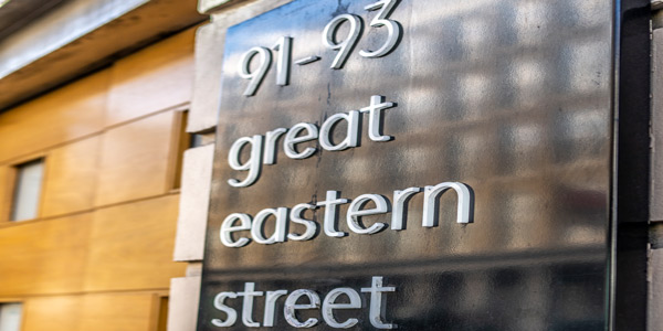 Image of the exterior sign at Airivo Shoreditch, 91-93 Great Eastern Street